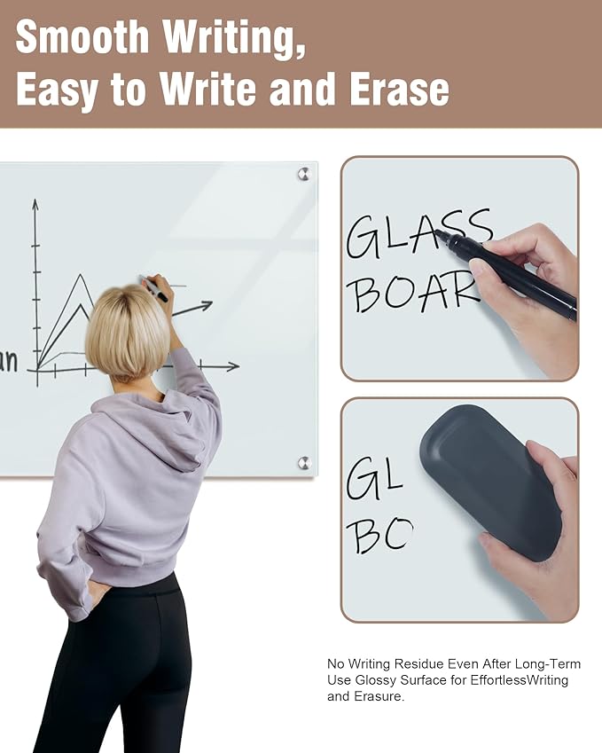Magnetic Glass Whiteboard，24"x18" Wall Mounted Frameless Dry Erase Board for Office, Home & School White