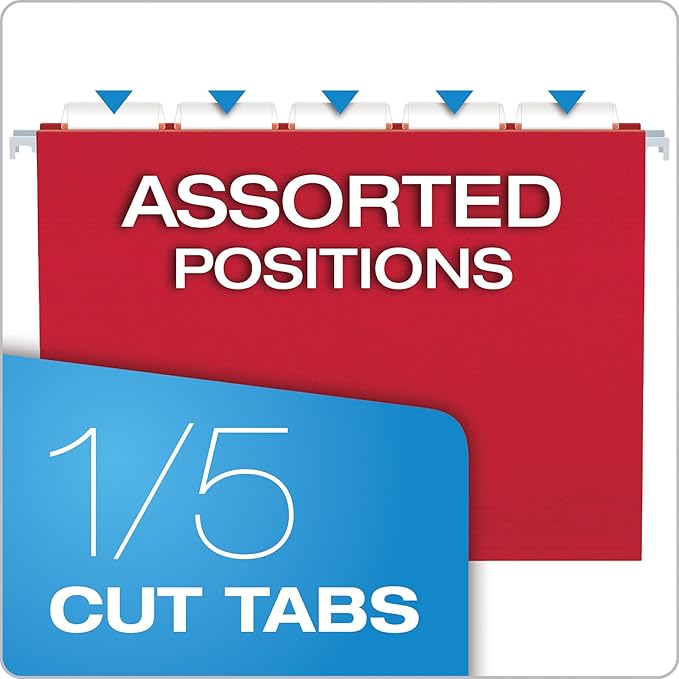 Pendaflex Reinforced Hanging Folders, Letter Size, Assorted Colors 1/5 Cut, Tabs and Inserts, 25 Per Box (41522AMZ)