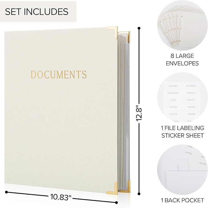 Aesthetic Document Organizer - Sturdy Linen 3-Ring Binder Safely Stores All Your Important Documents and Files in One Place - Easy to Use Expanding Storage Folder Incl. Envelopes, Pockets & Labels