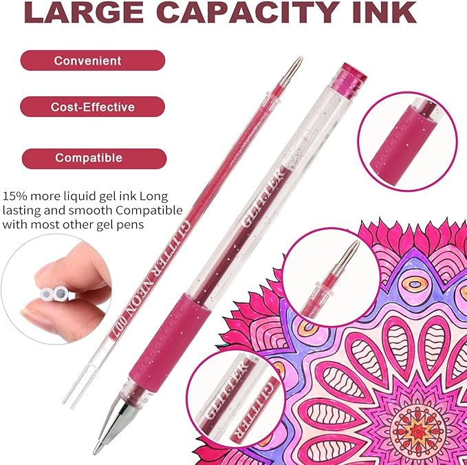 Red Pink Gel Pens for Coloring Book,72 Color Gel Pens Set including 24 Color Gel Pen with 48 Refills,40% More Ink Colored Gel Pens for Drawing, Doodling, Scrapbook, Journaling