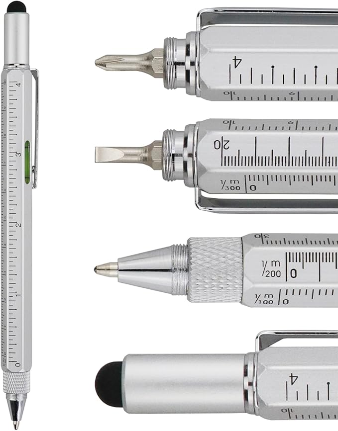HeTaoCat Gifts Multi Tech Tool Pen 6 in 1 Stylus Pen - Screwdriver Pen with Ruler, Levelgauge, Ballpoint Pen Black Ink (Silver)