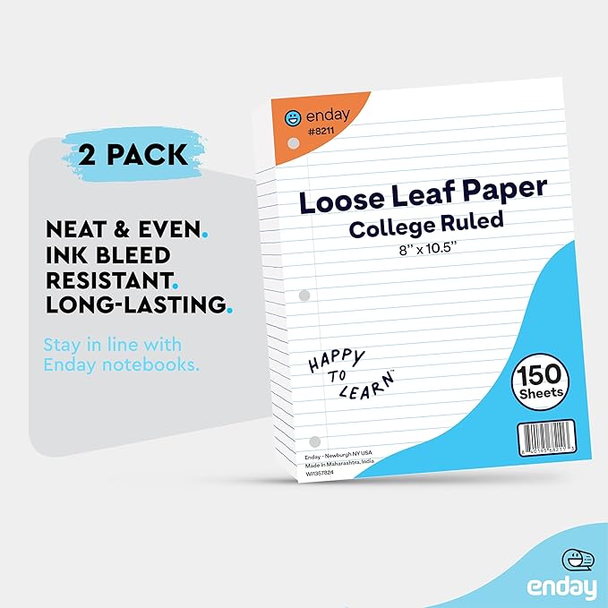 Loose Leaf Paper College Ruled Notebook Paper, 8" x 10.5" Filler Paper White, 3 Hole Punched Binder Paper for 3 Ring Binders, Lined Paper 150 Sheets Per Pack (2 Pack) - By Enday
