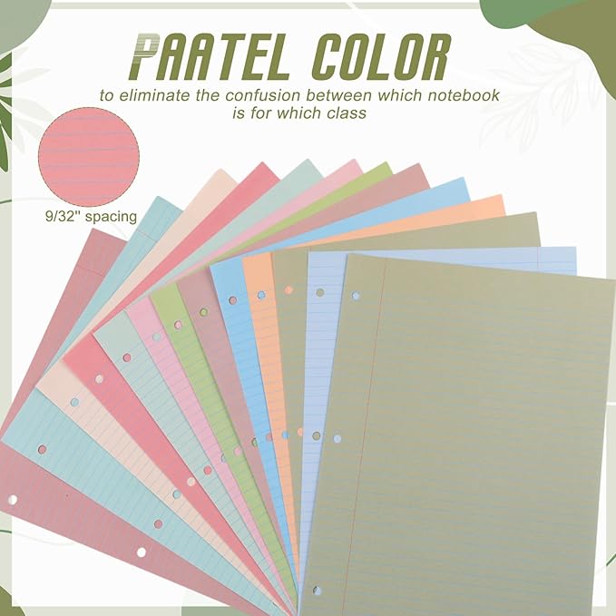 PerKoop 600 Sheets Colored Loose Leaf Paper 8.5" x 11" college ruled Lined 3 Hole Punched notebook Filler Paper for 3 Ring Binders Office School Supplies (Earthy Color)