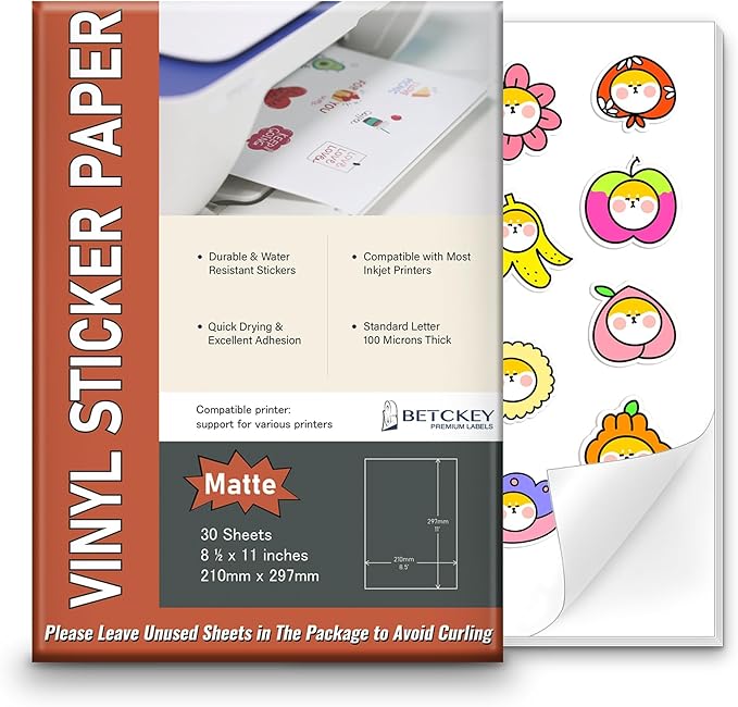 Matte Printable Vinyl Sticker Paper for Inkjet & Laser Printer - 30 Sheets - 8.5" x 11" - Waterproof, Dries Quickly Vivid Colors