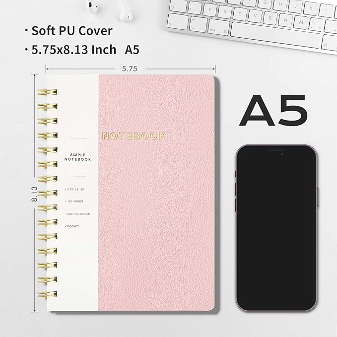 Lined Spiral Notebook College Ruled A5 Journal Book for Note Taking, 160 Pages Writing Journal for Office and Home School Supplies 5.75 x 8.125 inch - Pink