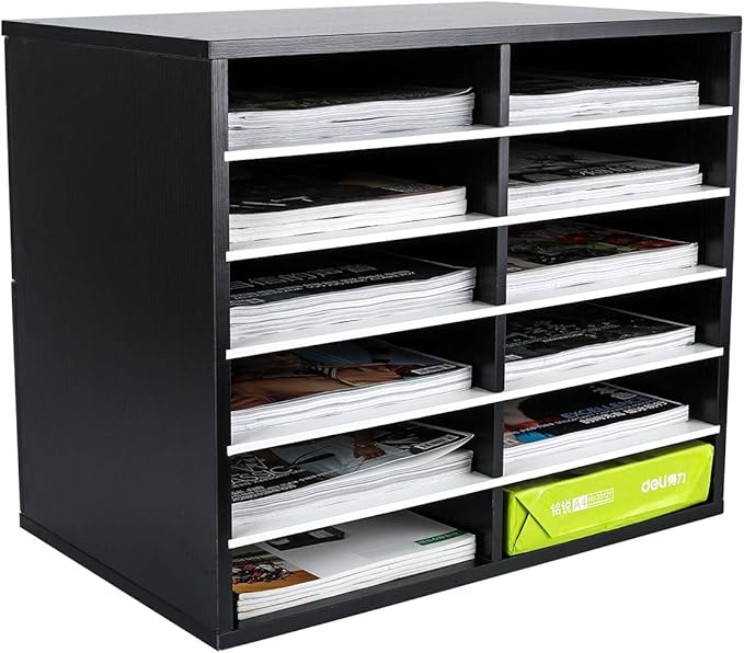 EasyPAG Mail Organizer Countertop, Wood Literature Organizer, Student Classroom Mailbox for School, Desktop Paper Sorter for Office Home, 12 Compartments, Black/White