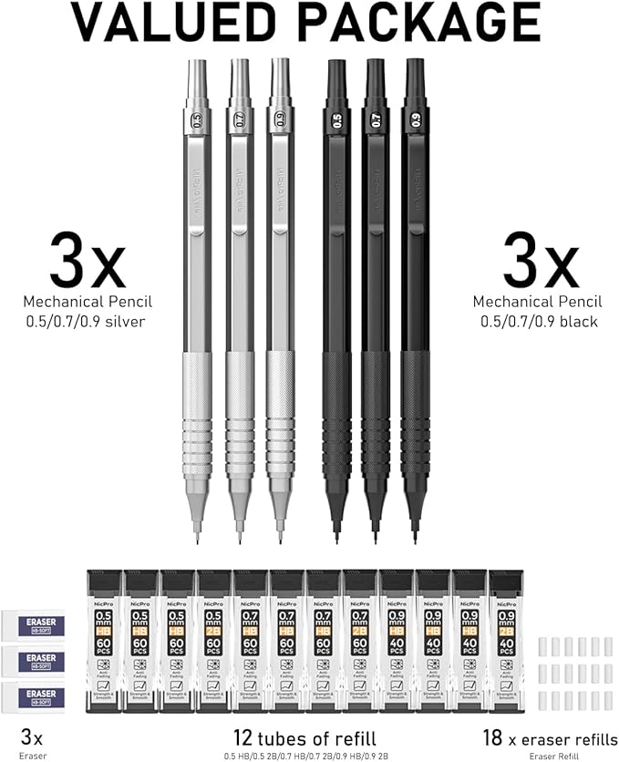 Nicpro 0.5 & 0.7 & 0.9 mm Metal Mechanical Pencil Set with Case, 6PCS MP1000 Artist Lead Pencil with 12 Tubes HB & 2B Lead Refills, 3 Erasers For Architect Art Writing Drafting Sketching Drawing