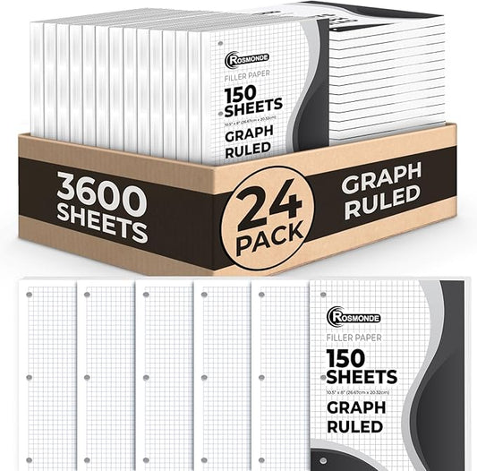 24 Pack Graph Paper Bulk, 3600 Sheets, Bulk Loose Leaf Paper, 4x4 Grid Paper, 8" x 10.5", Quad Ruled Bulk Filler Paper, 54 GSM, 3 Hole Punched for Binders, Bulk Graphing Paper, Bulk Paper