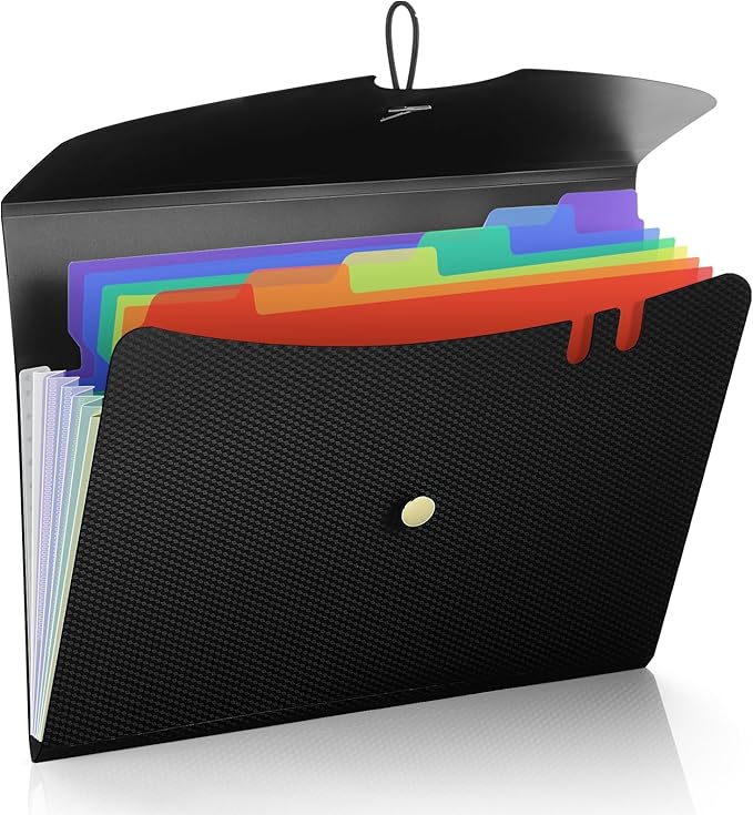 Sooez 7 Pocket Expanding File Folder, Premium Accordion File Organizer with Bungee Closure, Letter Size Folders for Documents, Portable Filing Folders for School Office Supplies, Black