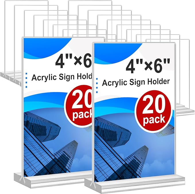 Acrylic Sign Holder 4x6, 20 Pack Clear Table Vertical Double Sided Table Menu Display, Plastic Desktop Picture Frames Stand Acrylic Paper Holder Tabletop Sign Holder for Wedding Office Show Fair
