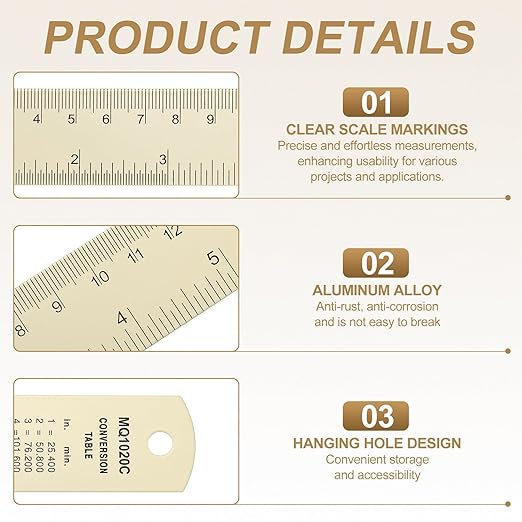 HARFINGTON 4pcs Metal Straight Ruler 15cm Metric SAE Aluminum Alloy Measuring Rulers Scale Tool with Hole for Measure Study Reading Classroom Office, White