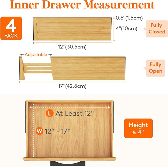 Lifewit 4 Pack Drawer Dividers Bamboo 4" High, 12-17" Adjustable Drawer Organizers for Clothes, Expandable Dresser Separators in Bedroom/Bathroom/Kitchen/Fridge/Office Organization and Storage