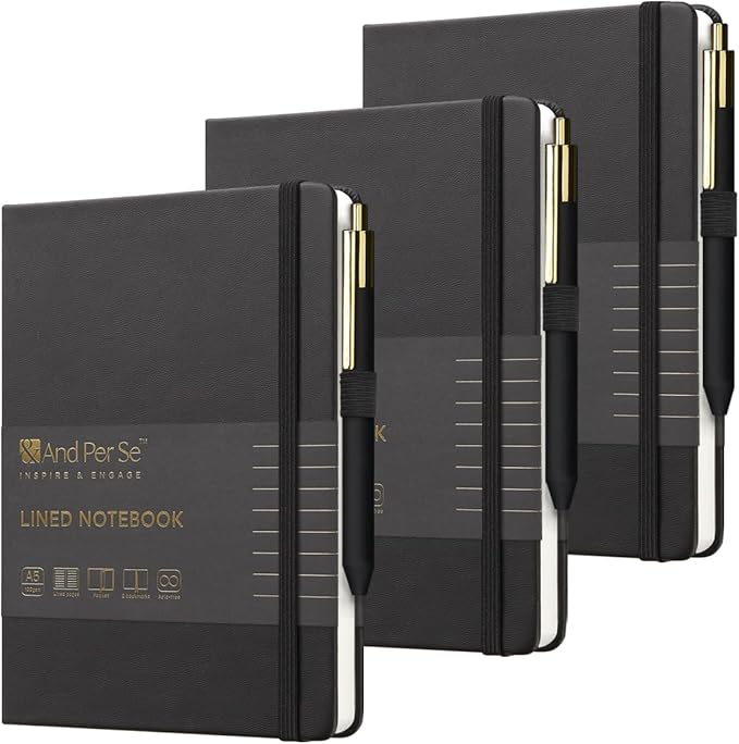 A5 Lined Leather Journal and Pen Set (3 packs), Hardcover Notebook with Pen, 160 Pages 100gsm Thick Ruled Paper for Men Women, for Work, Business, School or Home Writing, 5.7'' x 8'' (Black)