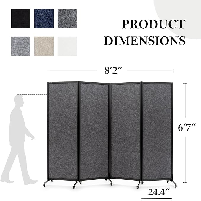Upgrade Version Room Partition and Divider, Freestanding Rolling Dividers with Wheels,Office Privacy Screen Divider Wall,Classroom Felt Dividers,8'2"L* 6'7"H,4 Panel，Dark Grey