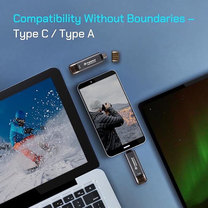 Transcend 128GB External SSD, Up to 1,050MB/s, Dual USB Flash Drive for iPhone&iPad&Mac, Windows&Android, Tablet&PC, Smart TV, USB 3.2 Gen 2 Thumb Drive Photo Stick, 2-in-1 Type C &Type A Memory Stick
