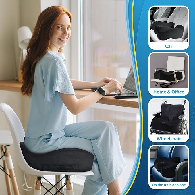 BlissTrends Seat Cushion,5.2in Thick Memory Foam Cushions for Office Chair, Car Seat, Airplane, Relieving Pressure Tailbone Sciatica Back Pain for Long Sitting Office Workers, Car Drivers Black