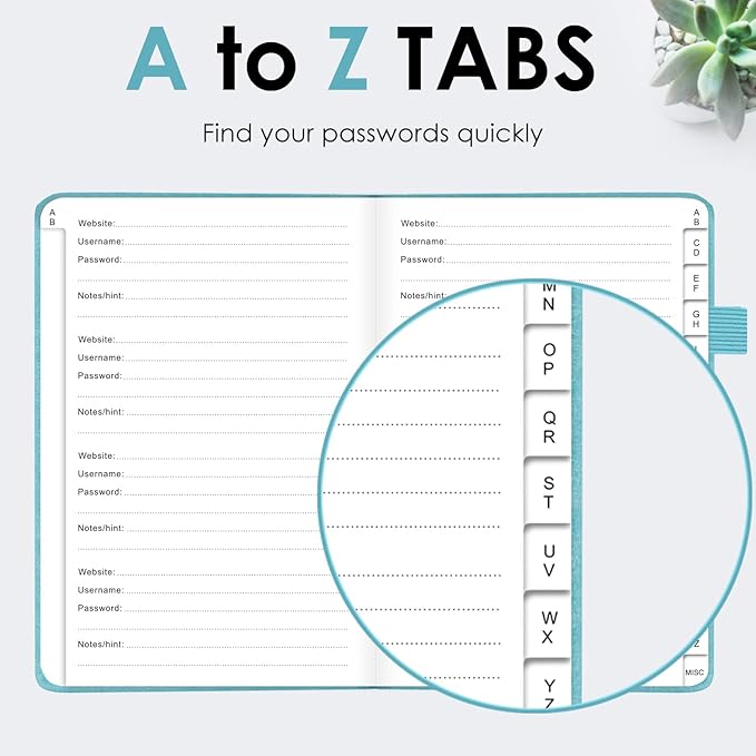 Elegant Password Book with Alphabetical Tabs - Hardcover Password Book for Internet Website Address Login - 5.2" x 7.6" Password Keeper and Organizer w/Notes Section & Back Pocket (Turquoise)