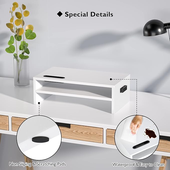 BONTEC Monitor Stand Riser White, 2 Tiers Wood Monitor Riser Stand with Storage Organizer, Desktop Ergonomic Monitor Stand Riser with Cellphone Holder and Cable Management, 16.5 Inch Desk Shelf