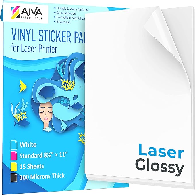 Printable Vinyl Sticker Paper for Laser Printer - Glossy White - 15 Self-Adhesive Sheets - Waterproof Decal Paper - Standard Letter Size 8.5"x11"
