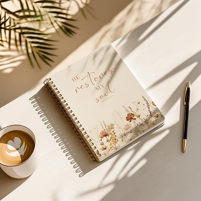 Bible Notebook, A5 Spiral Christian Journal, Bible Verse-He Restores My Soul, Inspirational Notebooks for Women, Bible Study, Gift for Birthday Christmas, Office Supplies (Light coffee color)