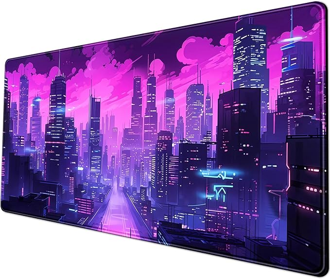 Desk Pad Cyberpunk Purple Desk Mat City Skyline Gaming Extended Mouse Pad Big Office Keyboard Pc Laptop for Women Large Mousepad with Stitched Eges Non-Slip Base Mouse Keyboard Mat 31.5x11.8 in