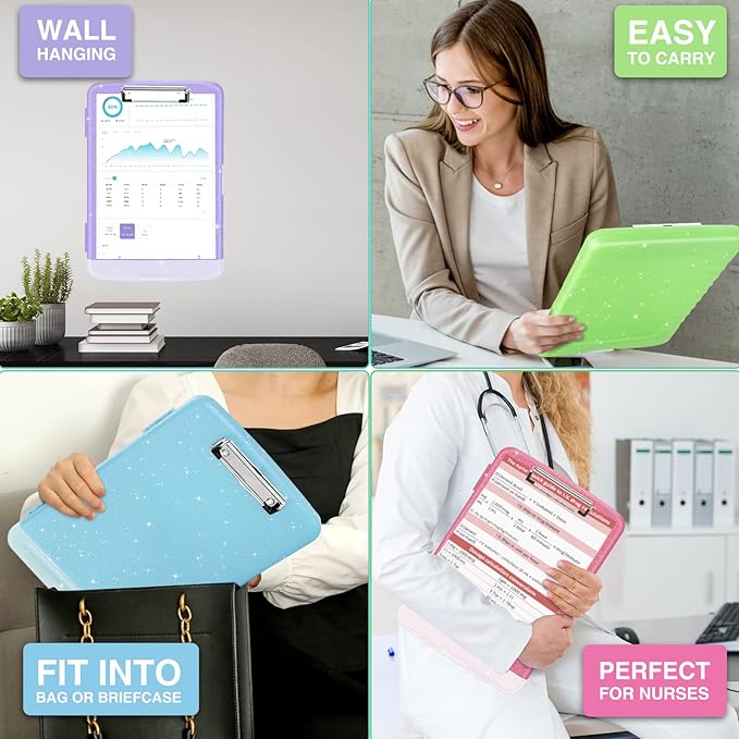 Sooez Glitter Clipboard with Storage, High Capacity Clip Boards 8.5x11 with Pen Holder, Cute Clipboards with Low Profile Clip, Sparkle Plastic Clip Board Case Box for Women & Kids, Side Opening