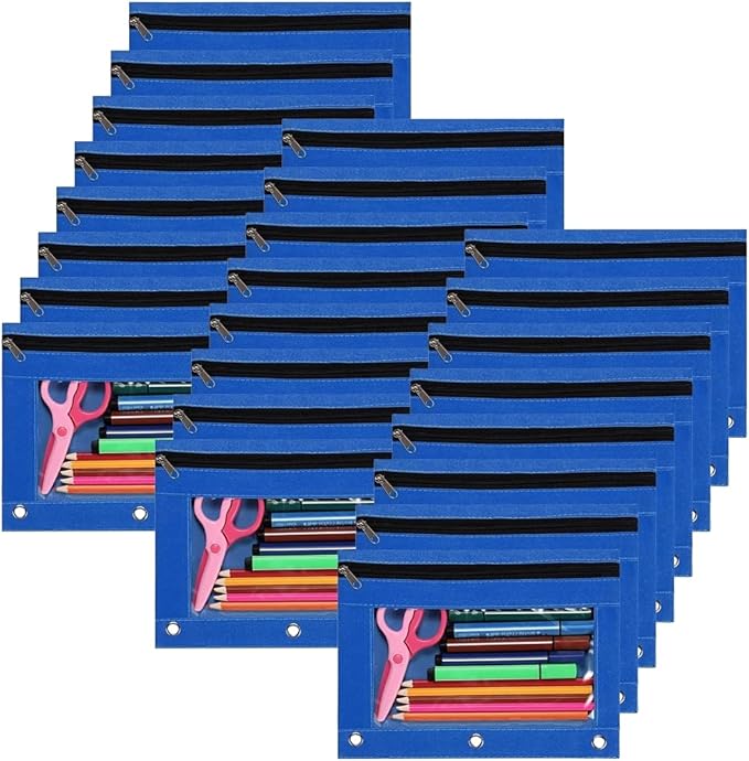 YoeeJob Binder Pouches for 3 Ring Binder, Pencil Pouch Pen Holder Case with Clear Window, Zipper Stationery Bag for School Class Office,24 Pack, Blue