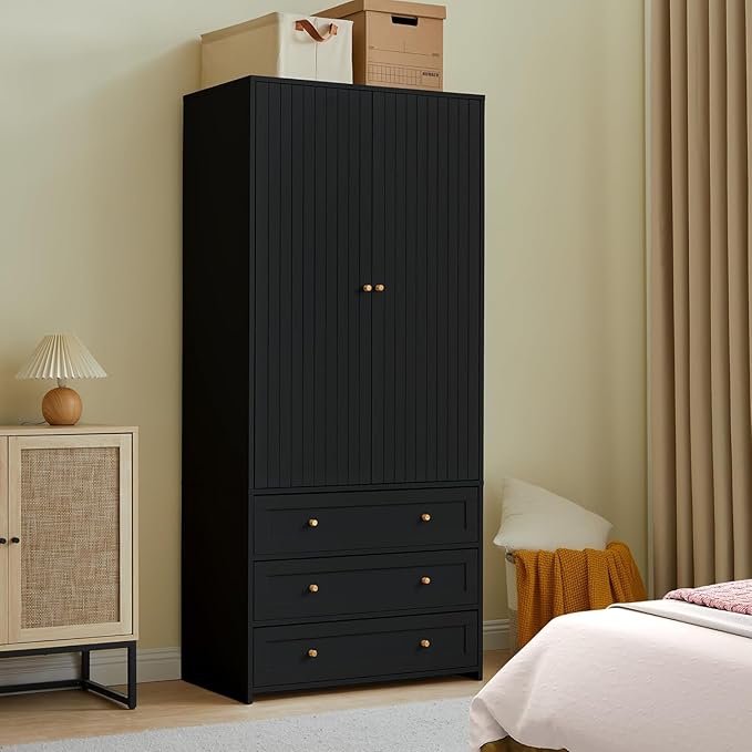 71" Wardrobe Closet Armoire, Wardrobe Armoire Wooden with 2 Doors, 3 Drawers Household Freestanding Wooden Closet Storage Cabinet for Bedroom (Black)