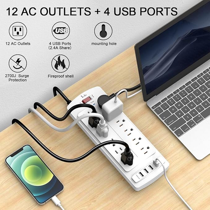 Power Strip, Tcstei Surge Protector with 12 Outlets and 4 USB Ports, 10 Feet Extension Cord (1875W/15A) for Home, Office, Dorm Essentials, 2700 Joules, ETL Listed, White