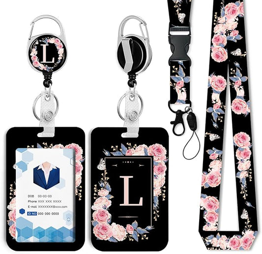 A-Z Badge Holder with Retractable Reel and Breakaway Lanyard Badge Clips Retractable Heavy Duty Badge Reel，Keychain，ID Holder with Breakaway Lanyard for School Nurse Office Teen L