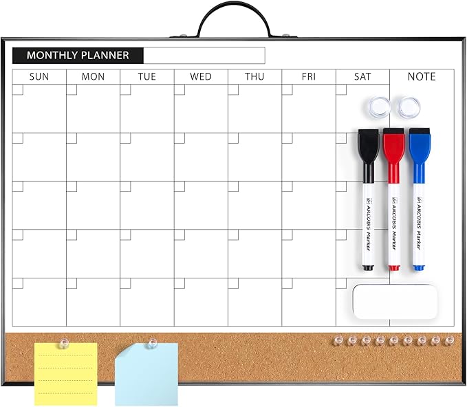 ARCOBIS Monthly Calendar Whiteboard Dry Erase Cork Board Combination for Wall, 12"x16" Magnetic Dry Erase Board, Double-Sided White Board, Portable Board for Planning, Office, School, Home, Black