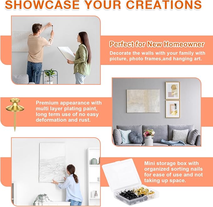 50 PCS Thumb Tacks for Wall Picture Hangers, Double Headed Picture Hanging Nails Kit, Push Pins Wall Hooks, Renter Friendly Decor Thumbtacks for Tapestry Frame Art Photos(Black &Gold)