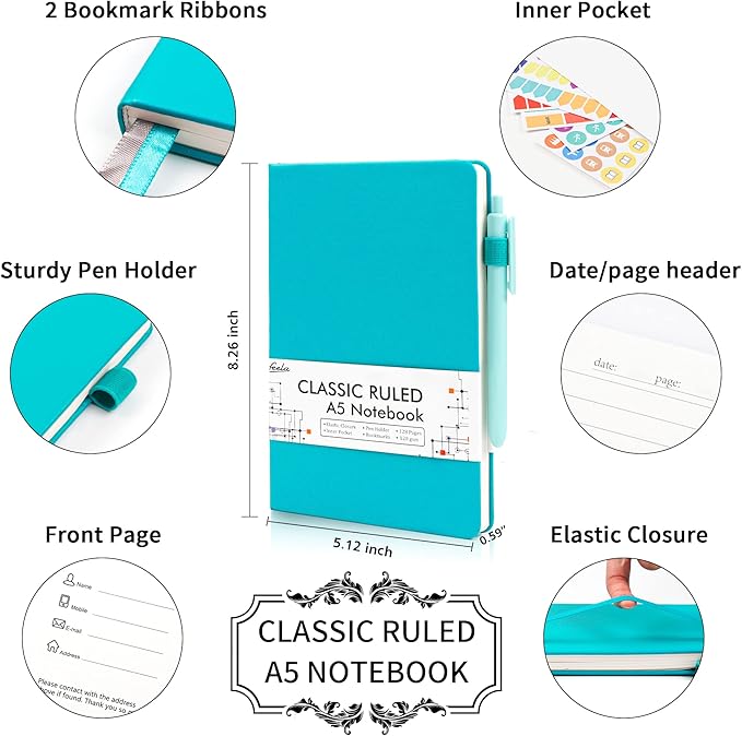 feela 3 Pack Notebooks Journals Bulk with 3 Black Pens, A5 Hardcover Notebook Classic Ruled Lined Journal Set with Pen Holder for Work Business Journaling Note Taking, 120 GSM, 5.1”x8.3”, Emerald