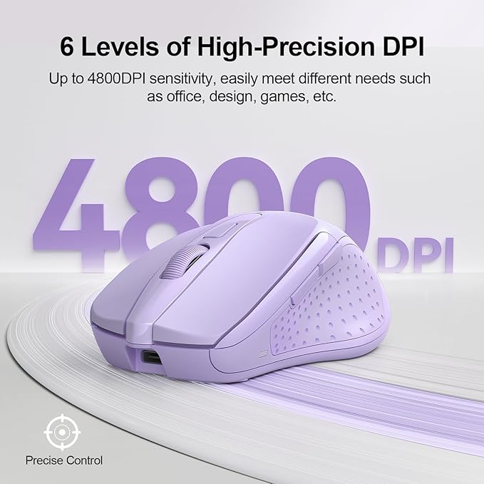 TECKNET Wireless Mouse (BT5.0/3.0 & 2.4G) Rechargeable 4800 DPI Silent USB A & Bluetooth Mouse 6 Buttons, Wide Compatibility - Lavender