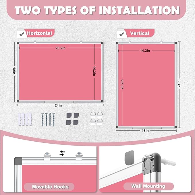 WALGLASS Magnetic Whiteboard 24"x18" Dry Erase White Board for Walls with Pen Tray, Aluminium Frame and Dry-Wipe Writing Surface for Kids' Drawing, Home, and Office (Pink)