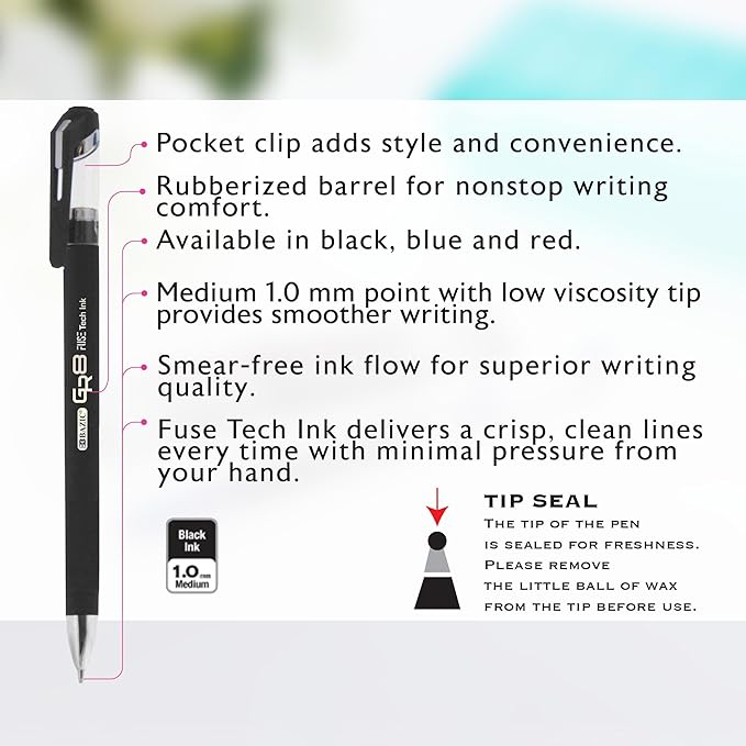 BAZIC Oil Gel Fuse Tech Ink Pen, GR8 Black Color w/Rubberized Barrel, 0.7 mm Medium Point Smooth Writing (3/Pack), 144-Packs