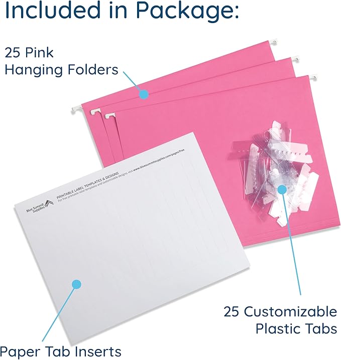 Blue Summit Supplies 25 Pink Hanging File Folders Letter Size, Reinforced Hanging File Folders Pink, Designed for Home and Office Color Coded Organization