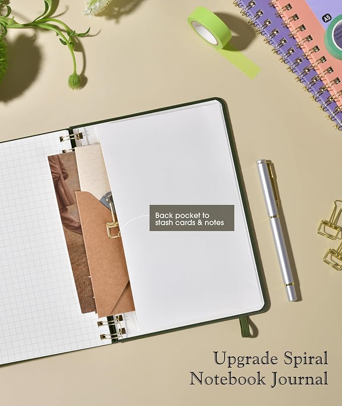 Graph Spiral Journal Notebook, A5 Hardcover Spiral Journals for Women Men, 100 GSM Graph Paper Notebooks, 150 Pages Spiral Bound Grid Notebook for Writing Note Taking Work 5.75" x 8.38" Olive Green