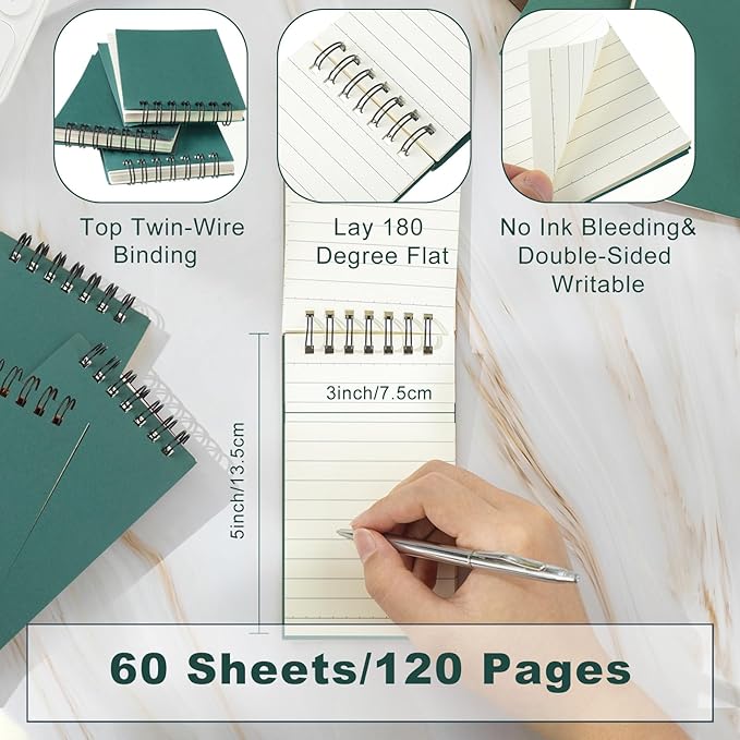 Tenceur 6 Pcs Pocket Notebook Bulk Small 3x5 Inch Spiral Notepads Mini Top Bound Notebook with Lined 120 Pages Ruled Memo Pads for Office College Nurse Essentials Back to School Gift (Green)