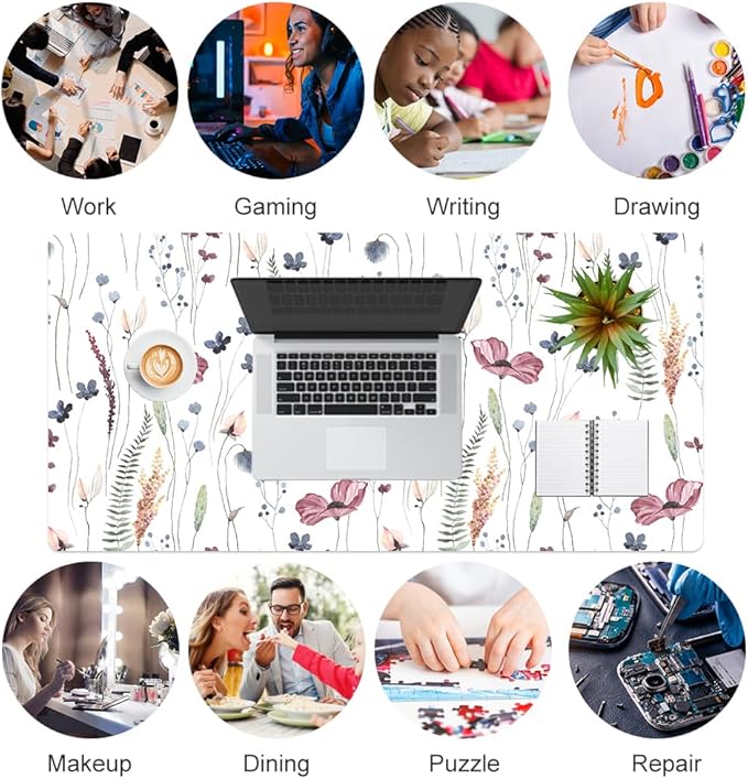 QIYI Large Mouse Pad, Cute Flower Desk Mat for Desktop, Women Girls Floral Office Décor Desk Accessories, PU Leather Waterproof Big Gaming Mousepad, Wildflowers Desk Pad Computer Mat, 31.5" x 15.7"