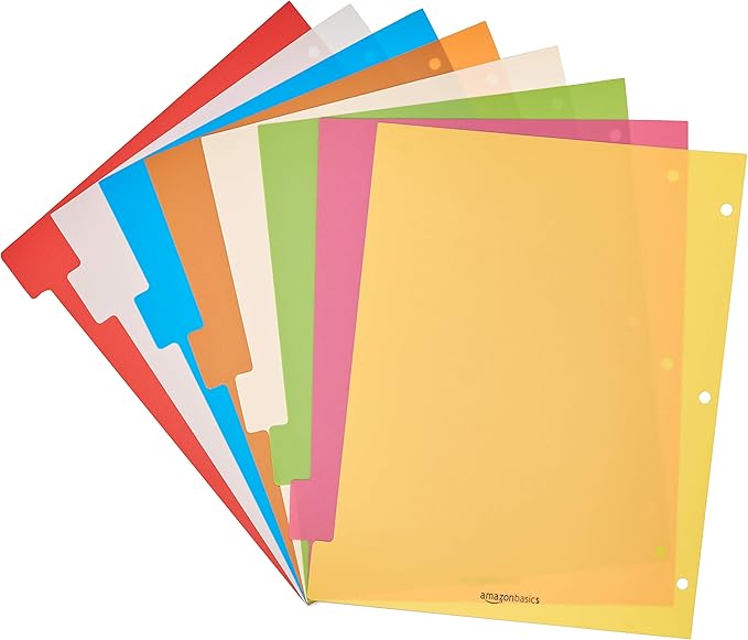 Amazon Basics Durable Multicolor 3-Ring Binder Plastic Divider Set with Tab Labels, 3-Hole Punched Letter Size 8-Tab Dividers, for School and Organization, 6 Pack, Assorted Colors