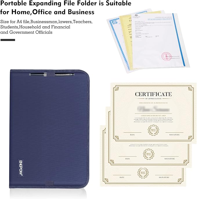 ENGPOW 13 Pocket Expanding File Folder,Fireproof Accordion File Folder Document Organizer with Zipper Closure,Portable Filing Organizer Safe with Colorful Tabs for A4/Letter Size Paper,Files(Blue)