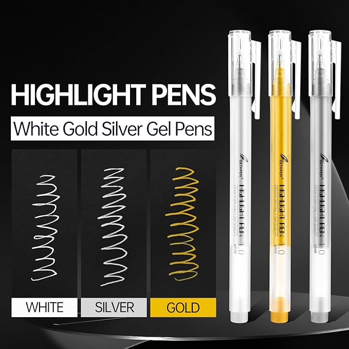 3 Colors Gel Pen Set - White,Gold and Silver Gel Ink Pens for Artists, White Gel Pen, White Ink Pen, White Pens for Black Paper, White Drawing Pens,White Pen for Artists Drawing