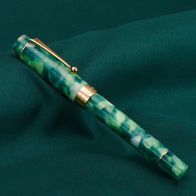 Jinhao 100 Fountain Pen Celluloid Classic Style, #6 Nib Smooth Writing Instrument with Refillable Converter and Pen Case Set