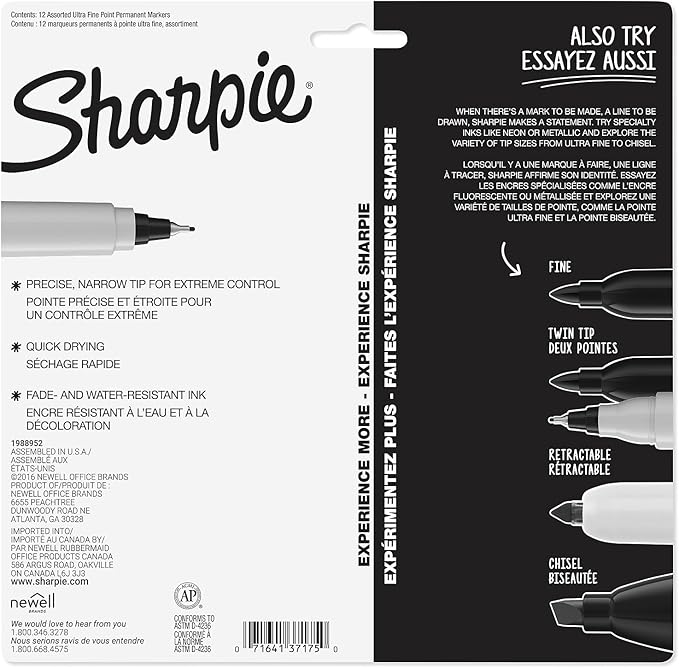 Sharpie Permanent Markers Ultra Fine Point Assorted Colors 12 Count