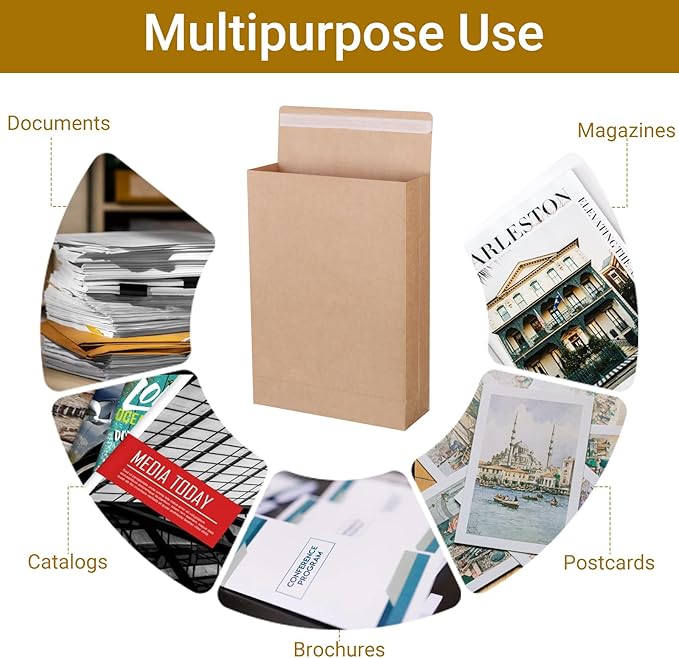 50 Pack 9.4" x 13.2" Expandable Catalog Envelopes, Large Kraft Document Envelopes Self Seal Manilla Envelopes Mailing for Documents, Magazines, Photos