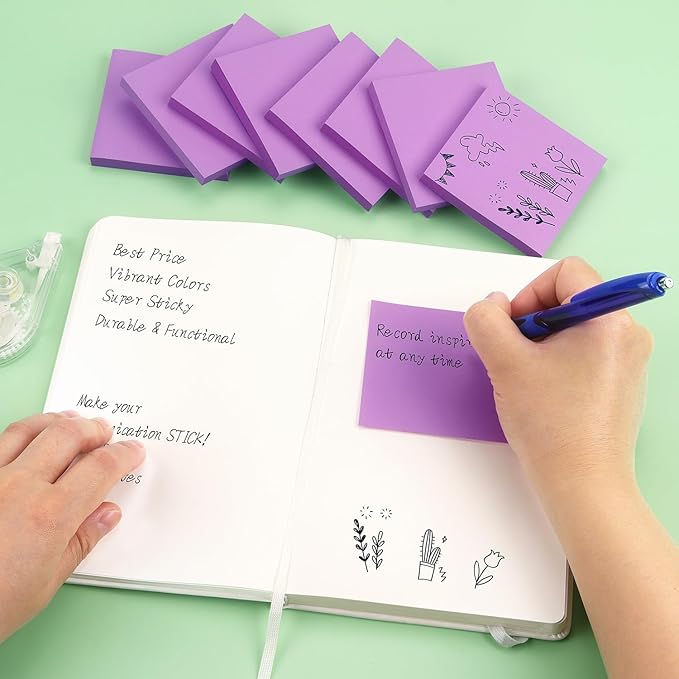 Sticky Notes 3x3 Self-Stick Notes Bright Colors Sticky Notes 8 Pads 80 Sheet/Pad (Purple)