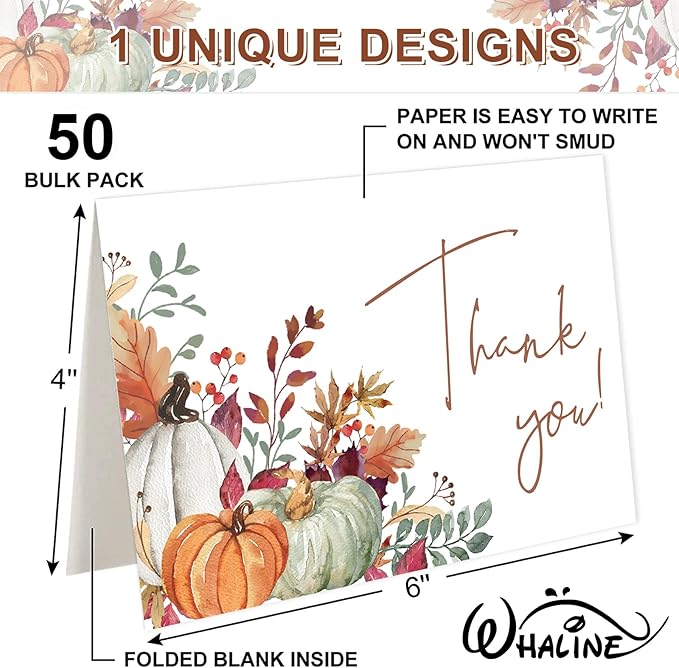 Whaline 50 Pack Fall Thank You Cards Bulk Boxed Watercolor Autumn Leaves Pumpkin Thank You Note Cards with Kraft Envelopes Sticker Thanksgiving Blank Greeting Cards for Wedding Baby Shower