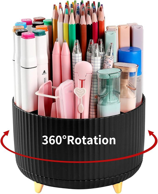 Desk Pen Holder, 5 Slot 360 Rotating Pen Organizer for Desk, Desktop Storage Stationery Supplies Organizer, Cute Pencil Cup Pot for Office, School, Home, Art Supply, Black