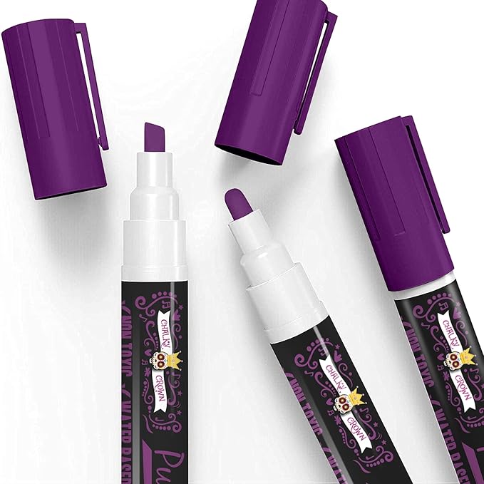 CHALKY CROWN Liquid Chalk Marker Pen - Dry Erase Marker - Chalk Markers for Chalkboard Signs, Windows, Blackboard, Glass - 6mm Reversible Tip (Purple, 5 Pack)